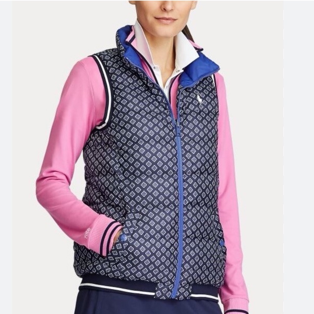 💙 Polo Ralph Lauren Golf Vest Size XL Reversible Down Filled Blue Printed